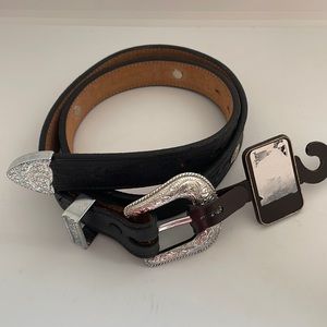 Noona Black Leather Belt Silver Tone Trim 28